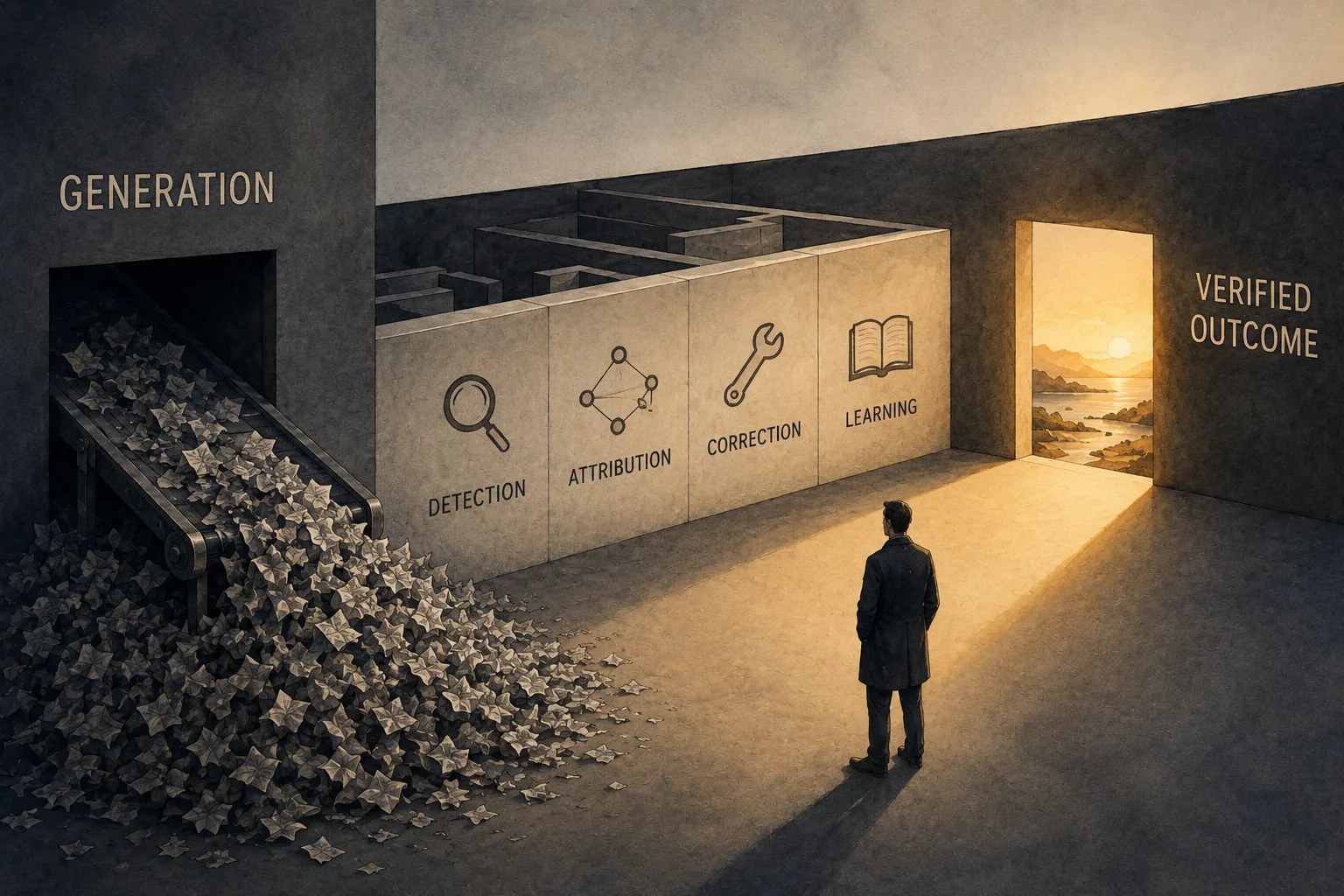 A conveyor belt labeled Generation spills a mountain of discarded paper onto the floor. A wall of four panels, labeled Detection, Attribution, Correction, and Learning, stands between it and a doorway of warm light labeled Verified Outcome, where a lone figure stands looking toward it.