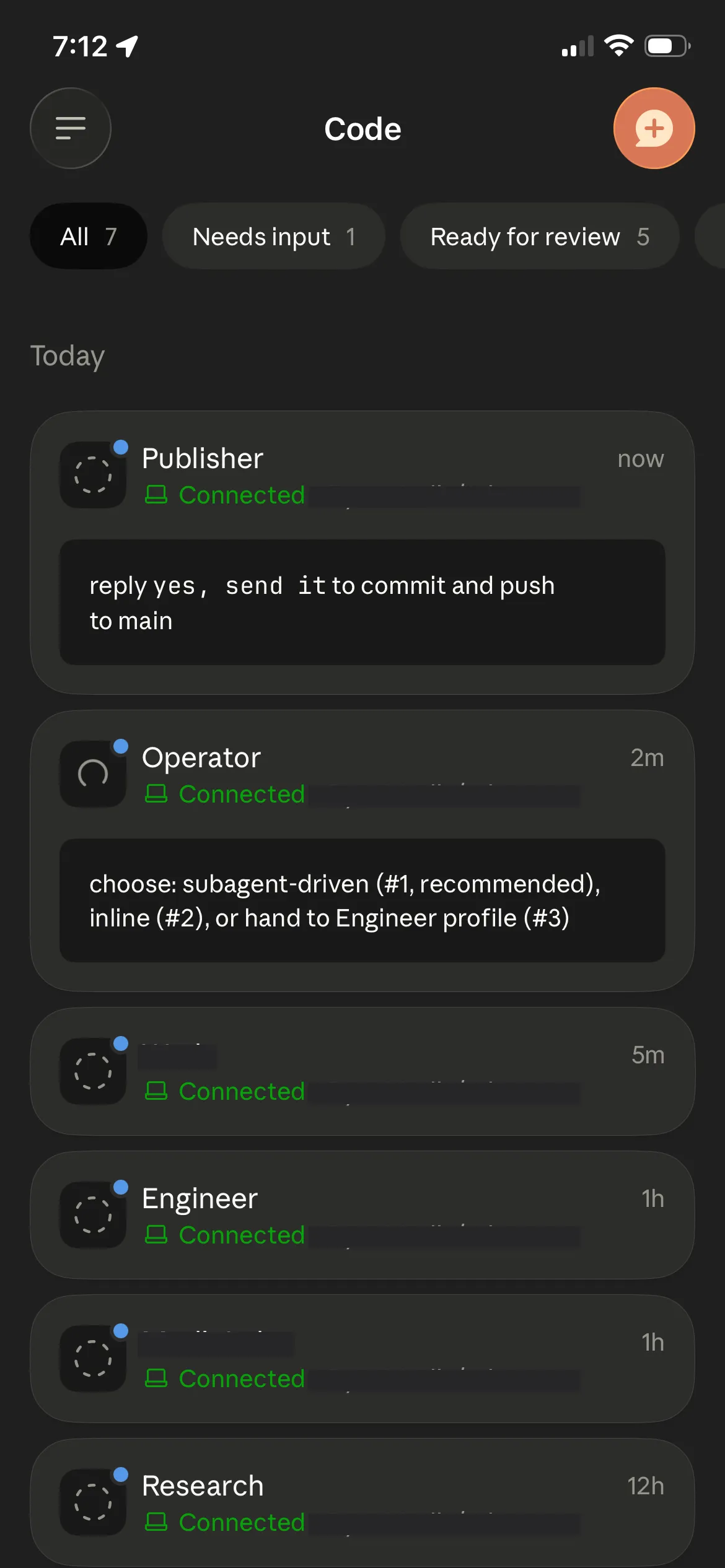 Several agents, each a Connected Remote Control session, listed in the Claude mobile app's Code tab