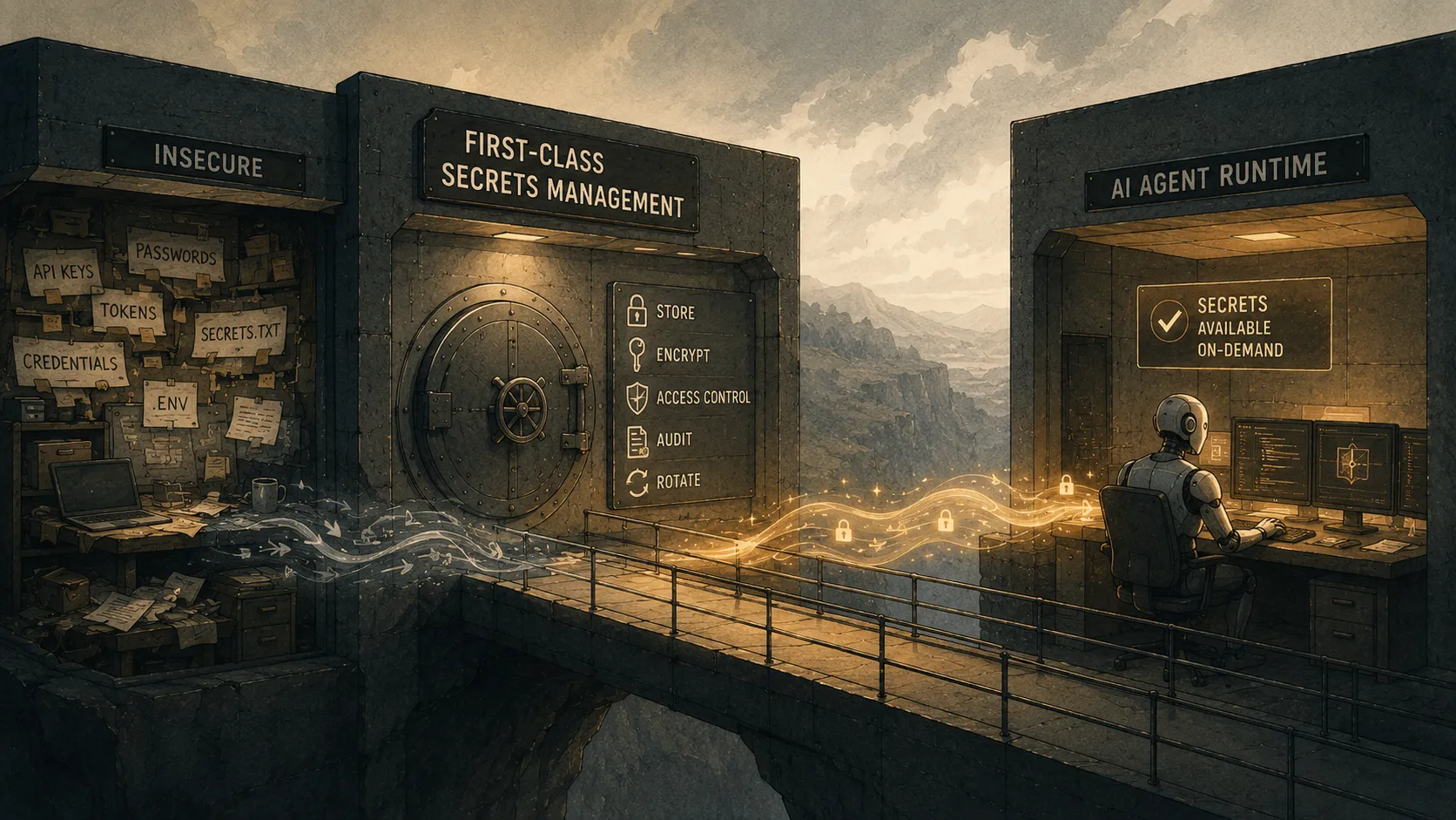 Two bridge-connected structures: on the left, a room labeled Insecure cluttered with notes reading API Keys, Passwords, Tokens, Secrets.txt, Credentials, and .env; on the right, a vault labeled First-Class Secrets Management with controls for Store, Encrypt, Access Control, Audit, and Rotate, connected by a glowing stream of locks to a room labeled AI Agent Runtime where a robot works at a terminal under a sign reading Secrets Available On-Demand
