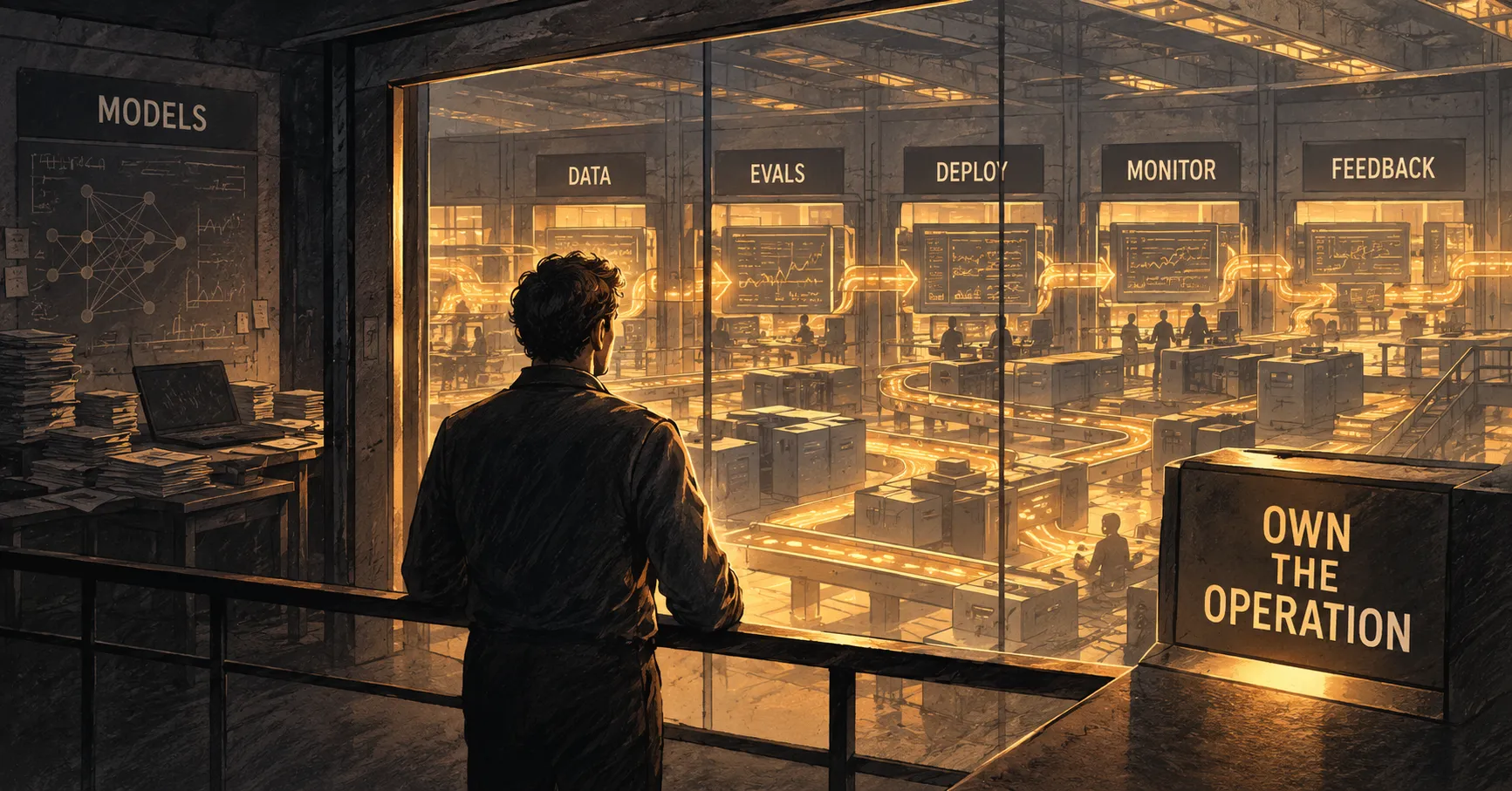 A figure looks out over a glowing industrial floor where labeled stations reading Data, Evals, Deploy, Monitor, and Feedback connect in a continuous loop of conveyor tracks and screens, beside a sign reading Own the Operation