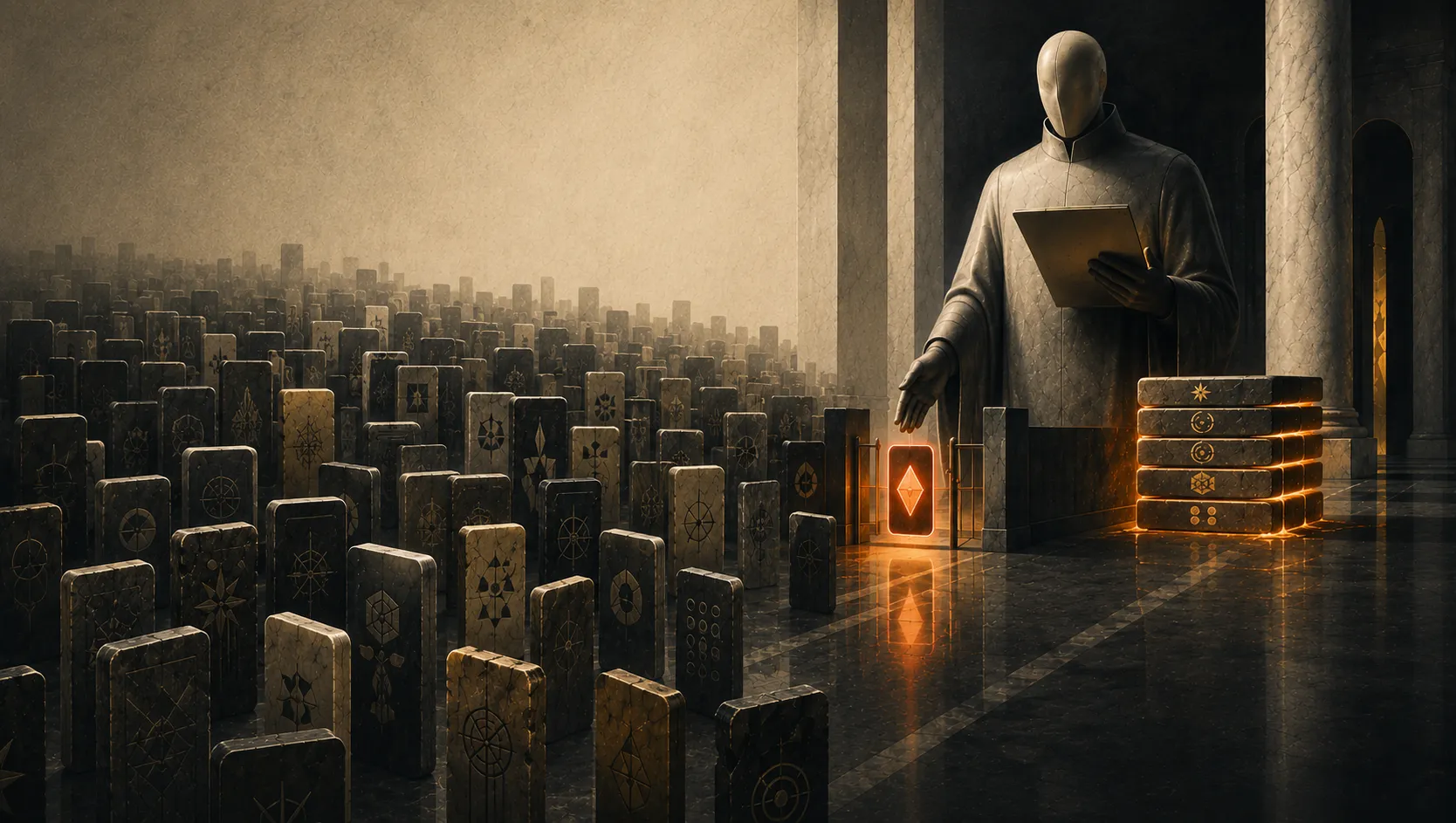 A vast, dim marble hall.  A faceless machine sentinel with no eyes holds a ledger and reaches toward a low gate, where a single capability-card glows warm rust-orange, the brightest thing in the room.  Stretching away into the fog stands a huge silent field of other cards, each stamped with a different sigil, waiting unchosen, while beside the gate a stack of already-admitted cards glows as it accumulates.