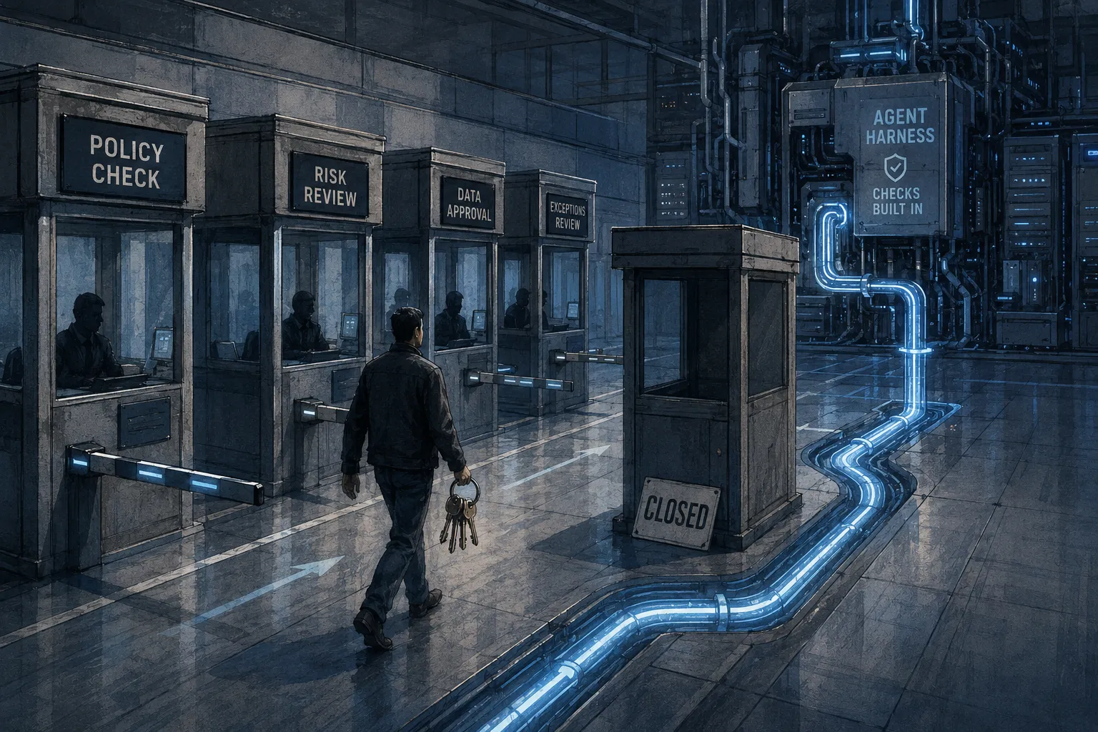 A figure holding a ring of keys walks past a row of staffed checkpoint booths labeled Policy Check, Risk Review, Data Approval, and Exceptions Review toward an empty booth marked Closed, where a glowing blue conduit runs from the ground into a distant machine labeled Agent Harness, Checks Built In