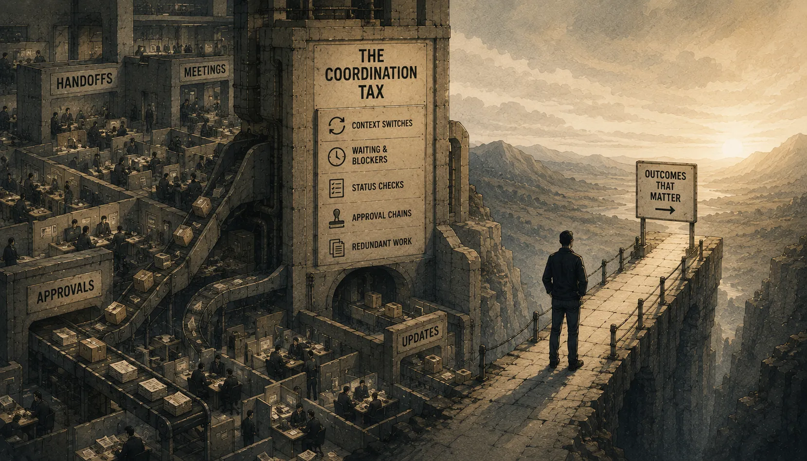 A tower labeled The Coordination Tax, listing Context Switches, Waiting and Blockers, Status Checks, Approval Chains, and Redundant Work, rises beside cubicle floors labeled Handoffs, Meetings, Approvals, and Updates full of working figures, while a solitary figure walks a cliffside path toward a sign reading Outcomes That Matter overlooking a sunlit valley