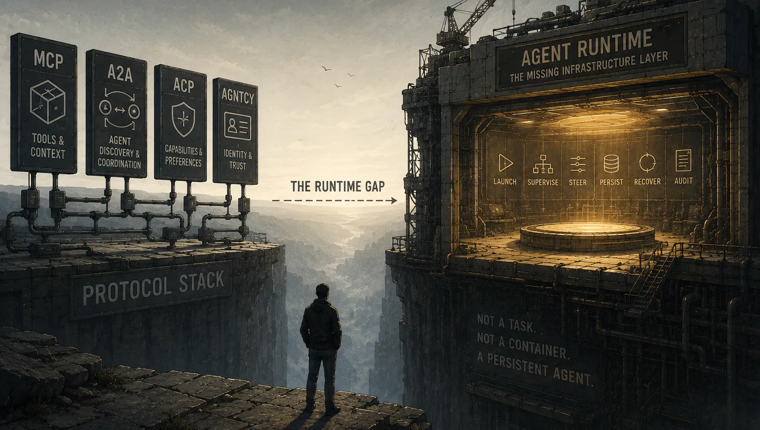 A figure stands at the edge of a cliff labeled Protocol Stack, facing a gap toward a lit construction tower labeled Agent Runtime, The Missing Infrastructure Layer, with stations for Launch, Supervise, Steer, Persist, Recover, and Audit, and a sign reading The Runtime Gap between four protocol placards, MCP, A2A, ACP, and AGNTCY, and the tower