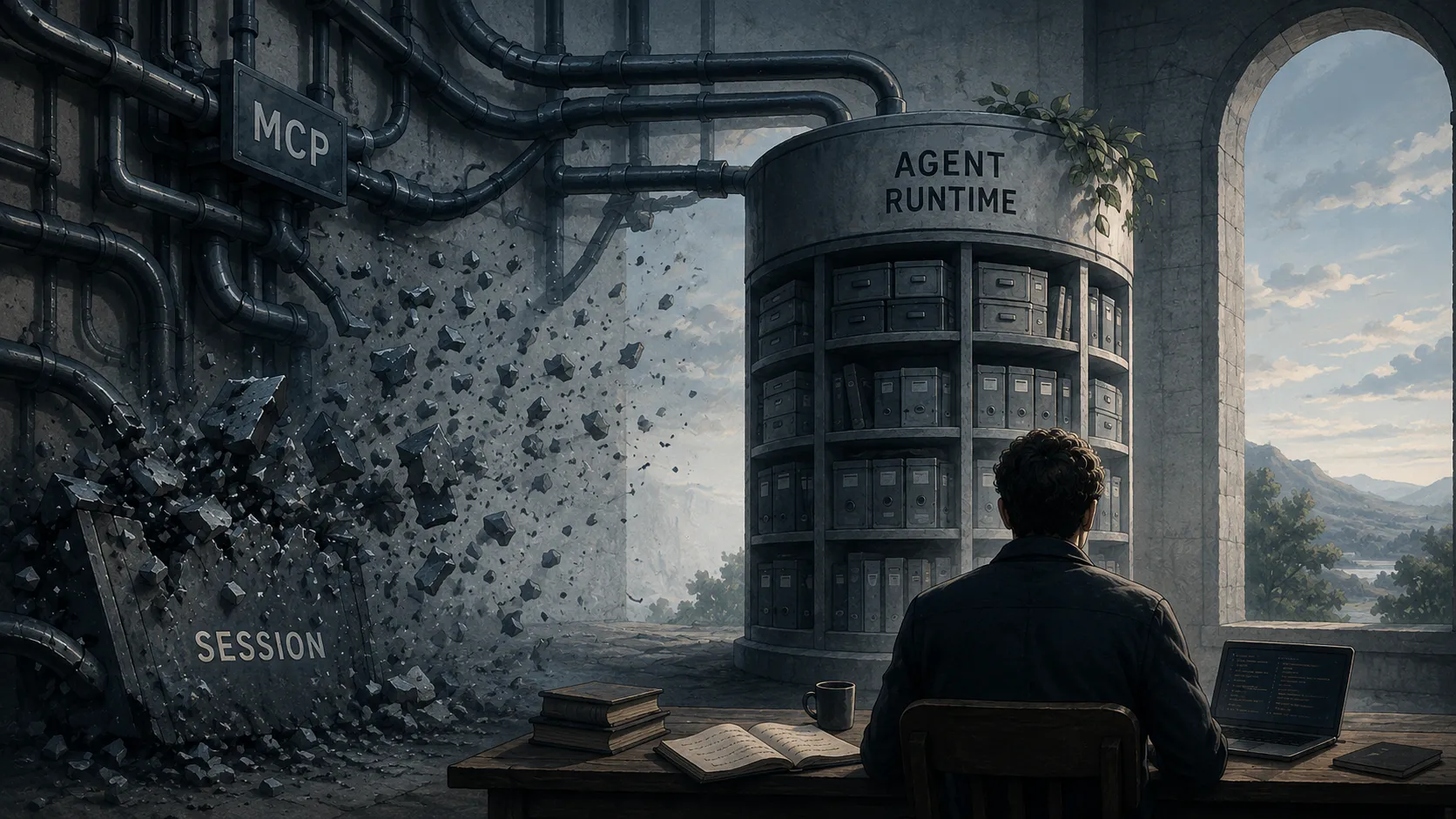 A wall of pipes labeled MCP crumbles apart where a placard reading Session breaks into rubble, while a solitary figure at a desk with books, coffee, and a laptop faces an intact, softly lit archive tower labeled Agent Runtime filled with organized file boxes
