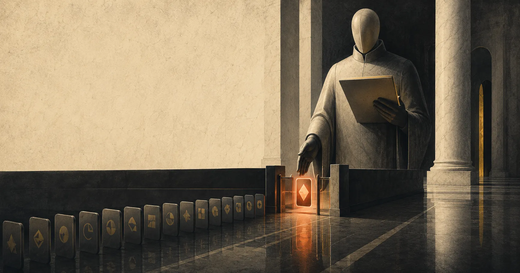 A vast, dim marble hall with no people in it. A tall, faceless machine sentinel with no eyes holds a glowing ledger beside a low turnstile, reaching toward a single capability-card that glows warm rust-orange, the only real light in the room, while a long line of identical dim cards waits its turn in the shadows.