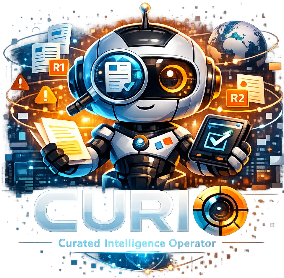 Curio mascot: a small white robot holding a magnifying glass over a document, flanked by report icons labeled R1 and R2, warning triangles, a checklist tablet, and a globe, above the wordmark Curio, Curated Intelligence Operator