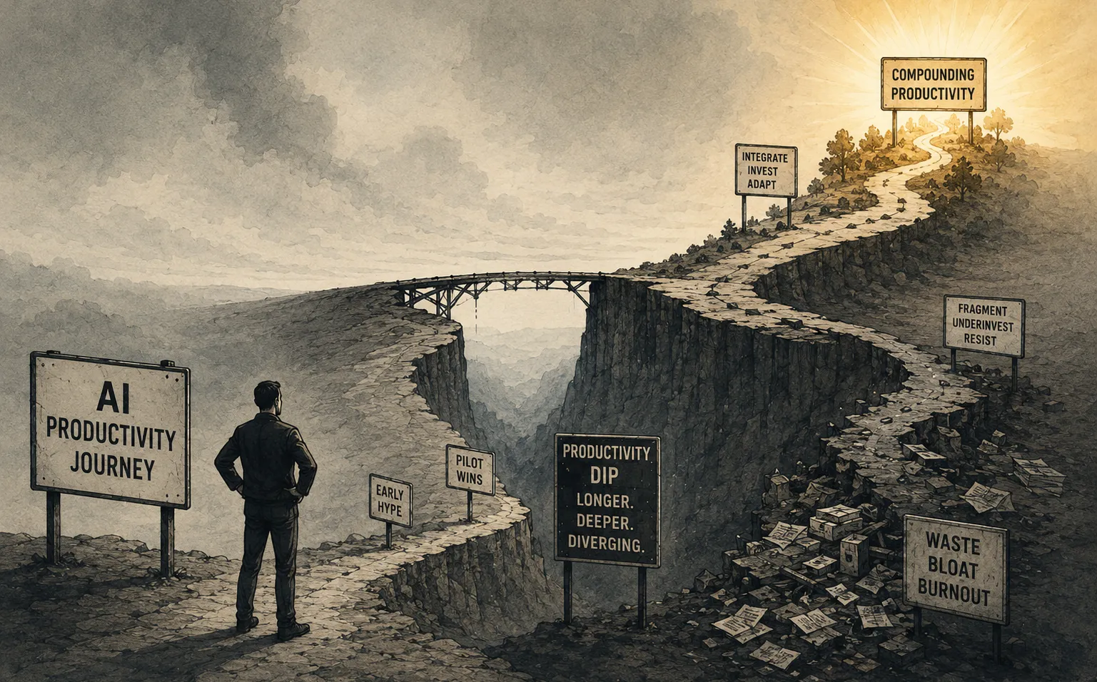 A figure stands before a chasm labeled Productivity Dip, Longer, Deeper, Diverging, on a road marked AI Productivity Journey passing signs for Early Hype and Pilot Wins, with a bridge crossing to a rising path signed Integrate, Invest, Adapt toward a sunlit peak labeled Compounding Productivity, while a second path below litters into wreckage marked Fragment, Underinvest, Resist