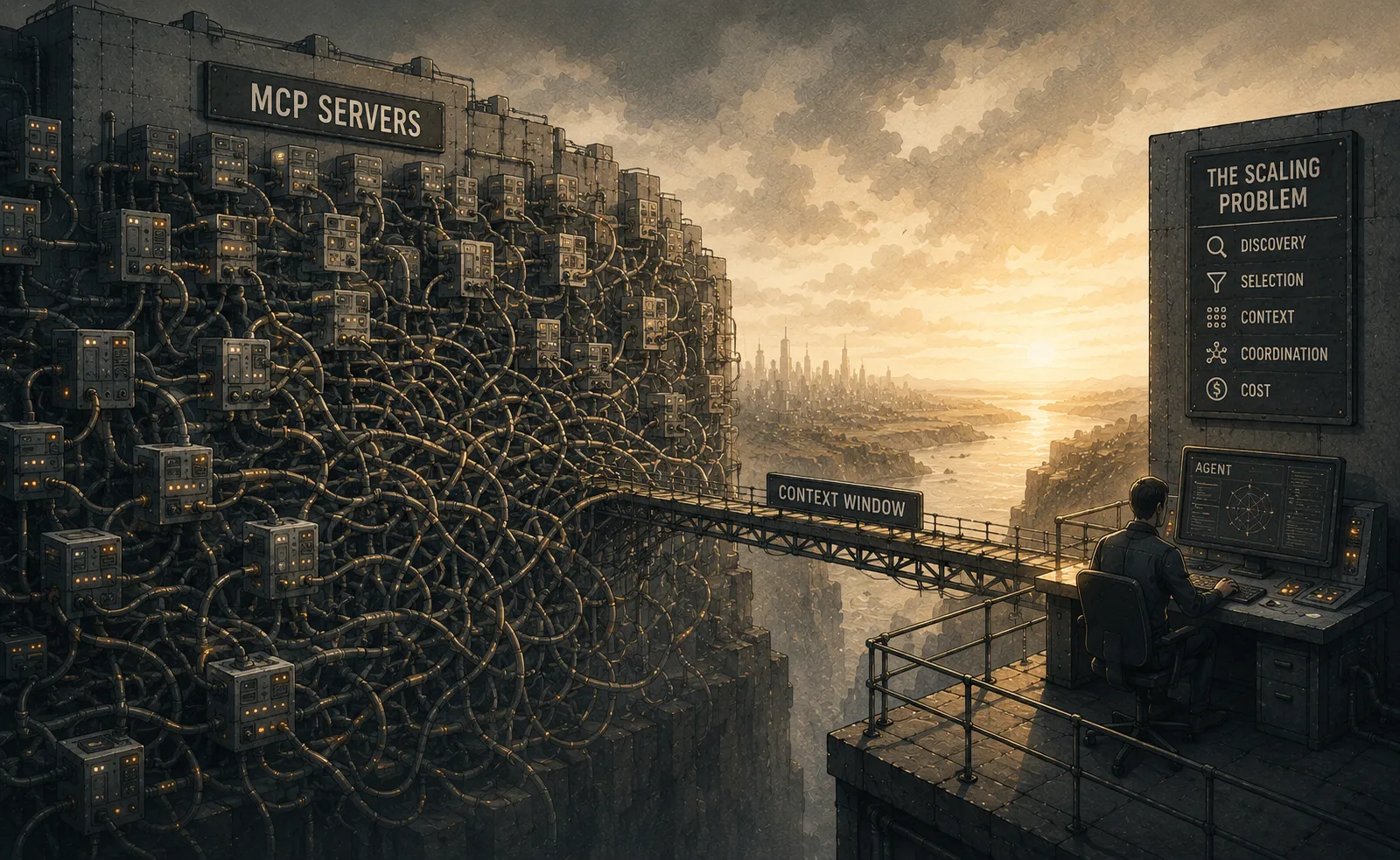 A dense wall of tangled, wired MCP Servers crosses a bridge labeled Context Window toward a figure working at a terminal, beside a sign reading The Scaling Problem listing Discovery, Selection, Context, Coordination, and Cost, overlooking a river valley city at sunset