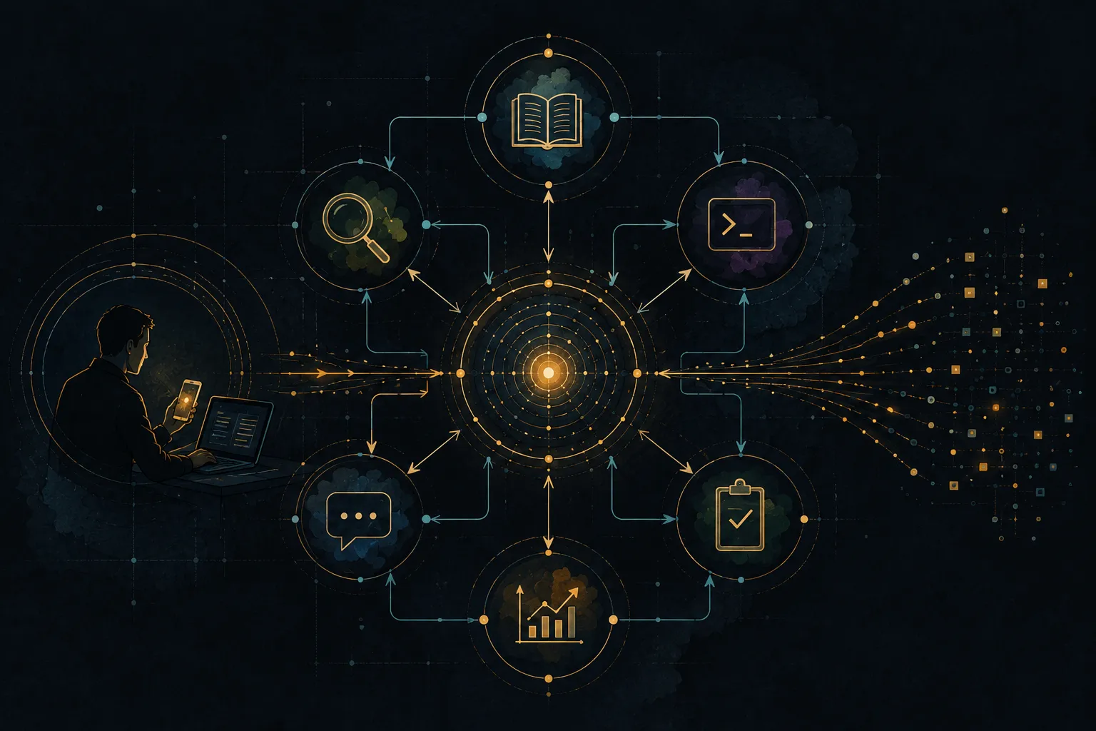 A glowing hub-and-spoke diagram of icons for a book, a magnifying glass, a terminal prompt, a clipboard checkmark, a bar chart, and a chat bubble, all wired into a radiant central core, with a man watching the same network on his phone and laptop from the side while structured data streams outward on the right