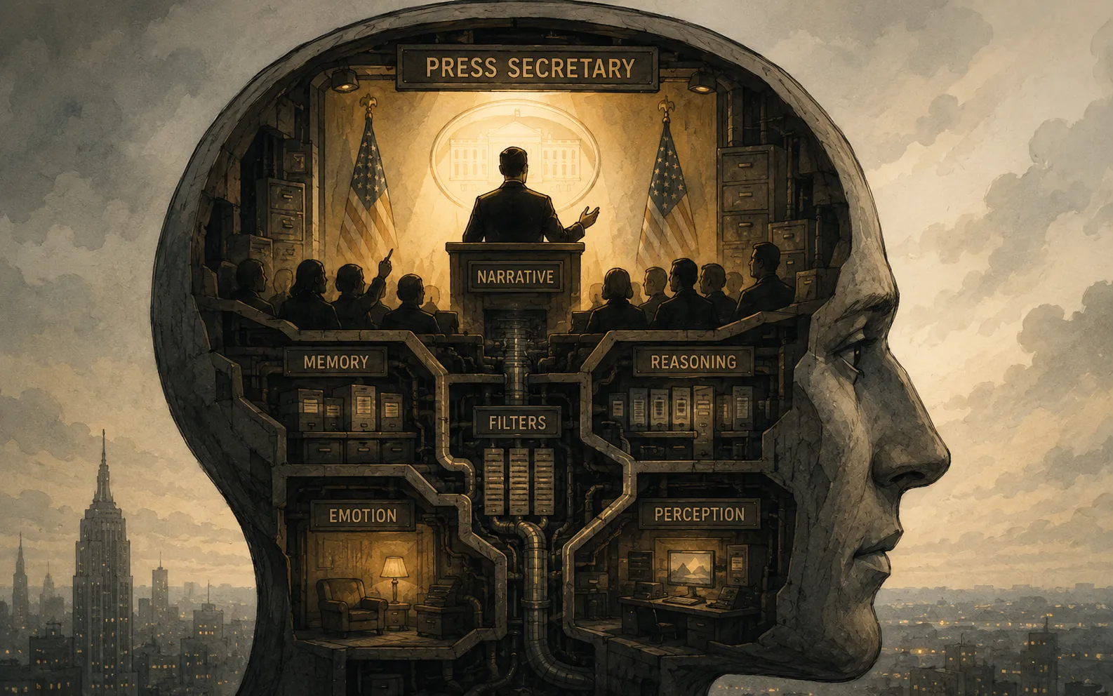 A cross-section of a head rendered as a functioning press briefing room, a figure labeled Press Secretary speaks at a podium under a sign reading Narrative, flanked by flags and a press corps, with corridors leading down to compartments labeled Memory, Reasoning, Filters, Emotion, and Perception, a city skyline visible through the silhouette of the face
