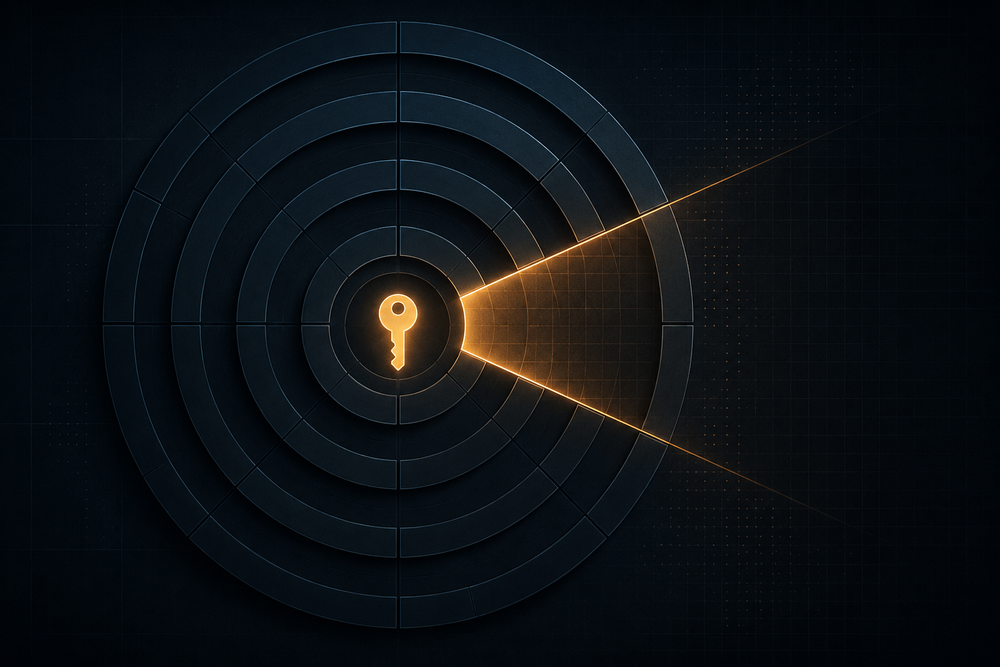 A glowing key at the center of concentric containment rings, with only one narrow wedge lit and open while the rest stay dark, a blast radius scoped to a single sector